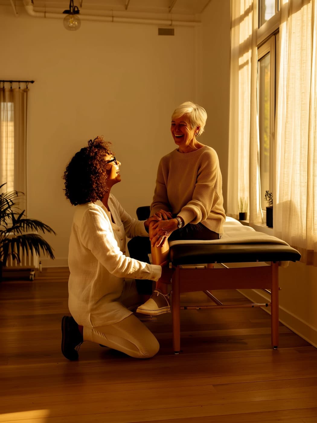 A physical therapist checking a patient's knee on a treatment table in a bright clinic